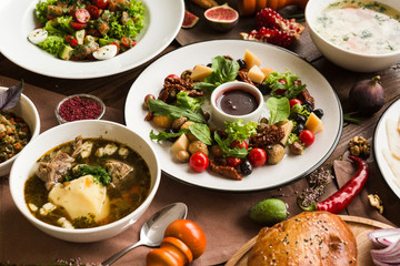 variety of restaurant dishes of national Georgian Armenian and Azerbaijani cuisine