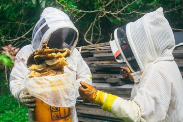 women beekeepers holding a bucket of beeswax