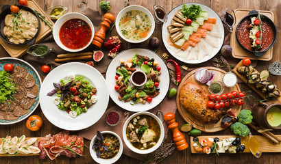 variety of restaurant dishes of national Georgian Armenian and Azerbaijani cuisine