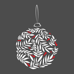 Vector Fashion Merry Christmas and New Year ball with leaves. Christmas print. style with simple xmas design for holiday card, poster, or party invitation.