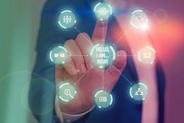 Writing note showing Hello I Am New. Business concept for introducing oneself in a group as fresh worker or student Picture photo system network scheme modern smart device