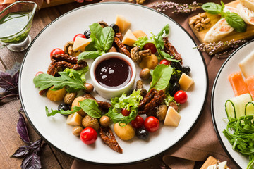 variety of restaurant dishes of national Georgian Armenian and Azerbaijani cuisine