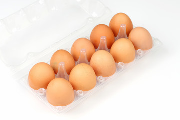 chicken eggs in a box on a white background