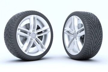 Obraz premium Car wheels isolated on a white background. 3D rendering.