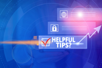 Conceptual hand writing showing Helpful Tips Question. Concept meaning secret information or advice given to be helpful knowledge Picture photo network scheme with modern smart device