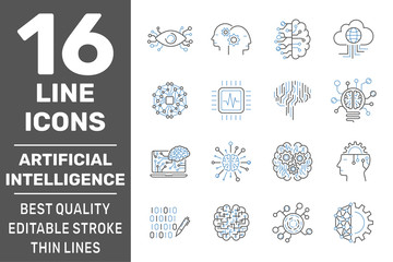 Digital Technology icons set. AI, Iot, Smart brain signs. AI, Smart brain, Hi-tech creative signs and logo elements. Editable Storke. EPS 10