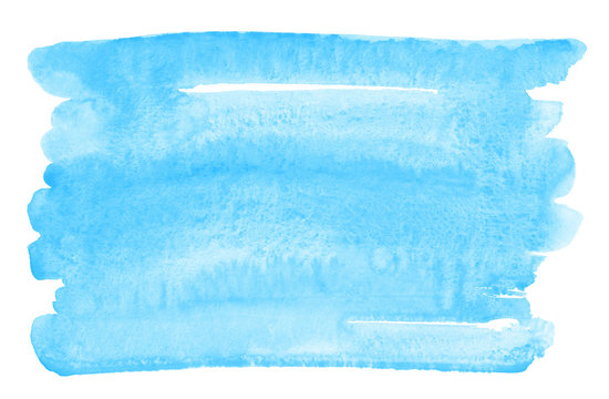 Sky blue watercolor big brush stroke, uneven, rough, artistic rectangle shape with stains. Painted texture, text frame. Marine, water background, template for banners, posters, lettering.