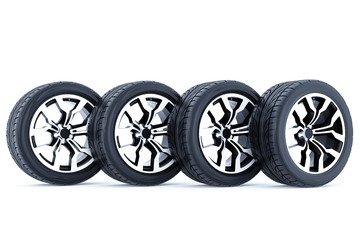 Car wheels isolated on a white background. 3D rendering.