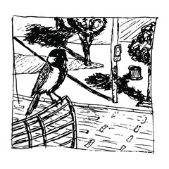 Black and white hand drawn illustration of a great tit bird sitting on antenna with an urban background