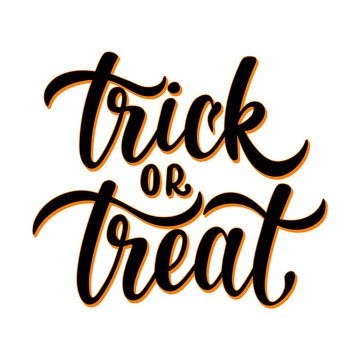 Trick or treat hand sketched text.  Celebration quotation isolated on white background. Vector illustration.