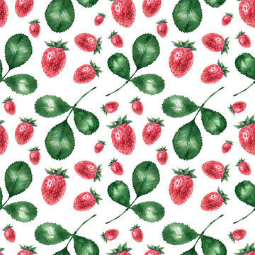 Watercolor background with ripe strawberries