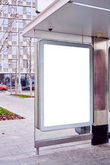 Billboard, advertising city format in Moscow on public bus stop, mockup of a blank white poster. Portrait format.