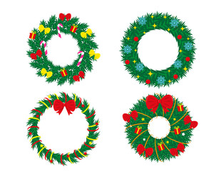 Set of decorated christmas wreaths isolated on white background. New Year and Christmas vector illustrations.