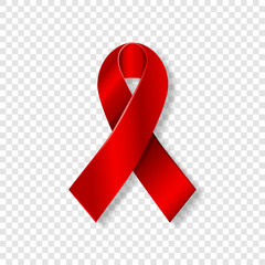 Vector AIDS Realistic Red Awareness Ribbon. Glowing HIV medical symbol isolated on transparent background with shadow. National Medicine sign.