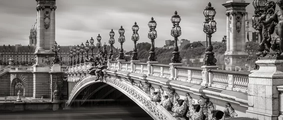 Velours gordijnen Pont Alexandre III Close-up van de Pont Alexandre III-brug met zijn kandelaars en lantaarnpalen in zwart-wit. Parijs, Frankrijk, 7e arrondissement