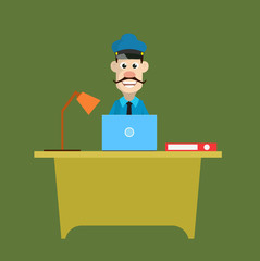 Cartoon Cop Policeman - Working on Laptop