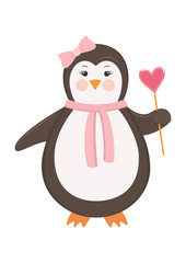 Vector flat illustration a bird penguin with heart shaped candy