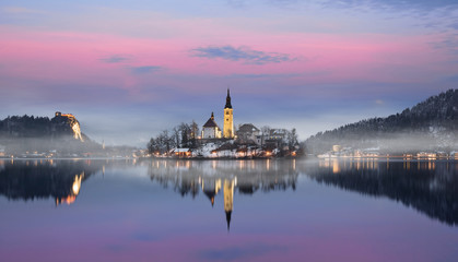 Fototapeta na wymiar Amazing sunset at the lake Bled in winter, Slovenia, Europe.