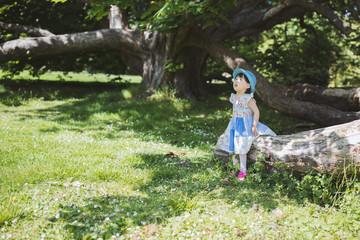 toddler girl playing in  summer  forest park