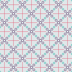 Geometric vector pattern with circles and grid in purple, coral, aqua - decorative design for print fabric, paper for scrapbook
