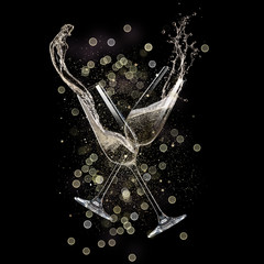 Glasses of champagne levitating in the air, celebration theme.