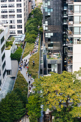 The New York High Line urban park aerial view, tourists walking, surrounded by tall buildings