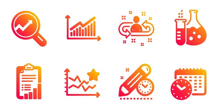 Recruitment, Ranking stars and Graph line icons set. Chemistry flask, Project deadline and Analytics signs. Checklist, Calendar time symbols. Manager change, Winner results. Education set. Vector