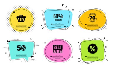 60% Discount. Best seller, quote text. Sale offer price sign. Special offer symbol. Quotation bubble. Banner badge, texting quote boxes. Discount text. Coupon offer. Vector