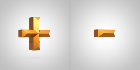 Obraz premium Gold 3d symbols plus and minus isolated on white background.