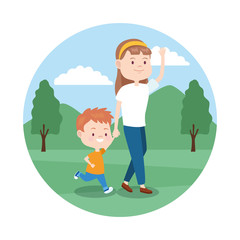 Obraz na płótnie Canvas cartoon mother with her son in the park, colorful design