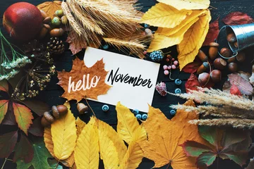 Deurstickers Hallo november. frame van herfst decor Poster kaart filter grunge afbeelding © RomanWhale studio