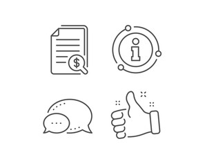 Financial documents line icon. Chat bubble, info sign elements. Audit or accounting sign. Check finance symbol. Linear financial documents outline icon. Information bubble. Vector