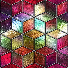 Stained glass seamless texture with cubes pattern for window, colored glass,  3d illustration