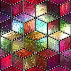 Fotobehang Mozaïek Gebrandschilderd glas naadloze textuur met kubussen patroon voor raam, gekleurd glas, 3d illustratie
