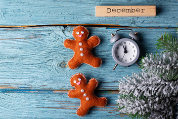 Christmas background with felt gingerbread man