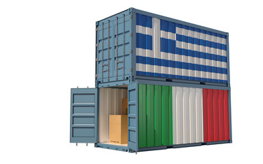 Two freight container with Italy and Greece flag. Isolated on white - 3D Rendering