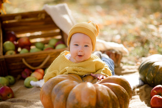 Cute little girl sitting on pumpkin and playing in autumn forest
