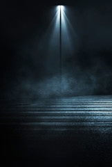 Empty background scene. Dark street reflection on the wet pavement. Rays neon light in the dark,...