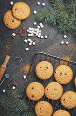 Background with homemade Chocolate Chip Cookies and marshmallows