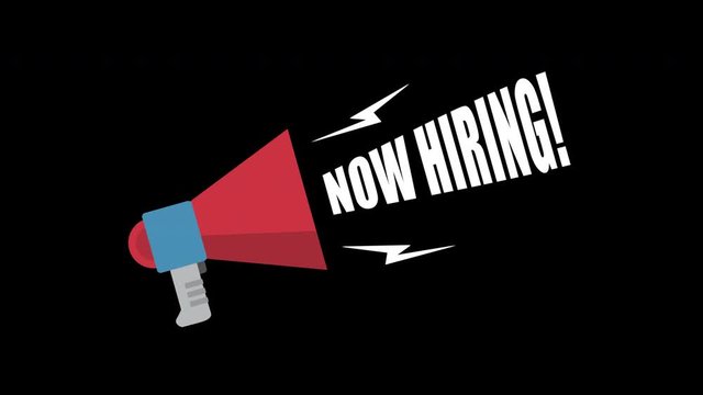 Animated Megaphone with Now Hiring Text - Call to Action Overlay for Business and Social Media Videos - Alpha Channel in 4K - Pro Res 4444