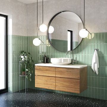 Green modern contemporary bathroom with black terrazzo floor
