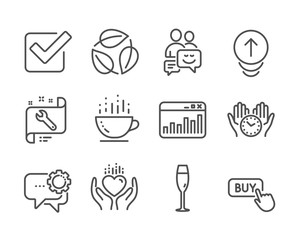 Set of Business icons, such as Coffee cup, Checkbox, Marketing statistics, Buy button, Employees messenger, Spanner, Safe time, Leaves, Communication, Swipe up, Champagne glass, Hold heart. Vector