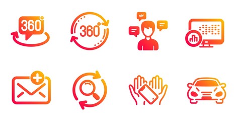 New mail, Full rotation and Conversation messages line icons set. Search, Report statistics and 360 degree signs. Smartphone holding, Car symbols. Add e-mail, 360 degree. Technology set. Vector