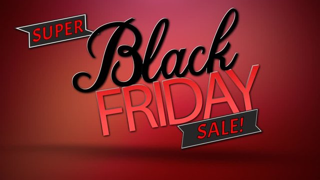 Black Friday Super Sale on Red Gradient 4K Loop features animated text reading Black Friday Super Sale animating on and off screen in a loop with a red gradient background