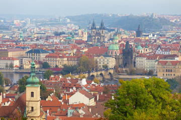 Autumn Prague City with colorful Trees from the Hill Petrin, Czech Republic