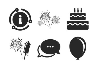 Cake and gift box signs. Chat, info sign. Birthday party icons. Air balloon and fireworks symbol. Classic style speech bubble icon. Vector