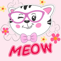 Beautiful cartoon kitty girl in glasses. Greeting card