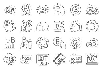 Fototapeta na wymiar Cryptocurrency line icons. Set of Blockchain, Crypto ICO start up and Bitcoin icons. Mining, Cryptocurrency exchange, gold pickaxe. Bitcoin ATM, crypto coins, financial ico markets, blockchain. Vector