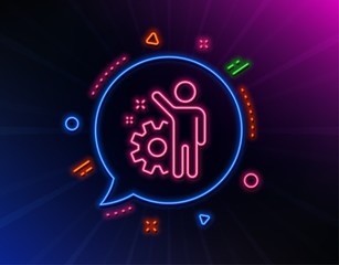 Employee line icon. Neon laser lights. Business management sign. Work or gear symbol. Glow laser speech bubble. Neon lights chat bubble. Banner badge with employee icon. Vector