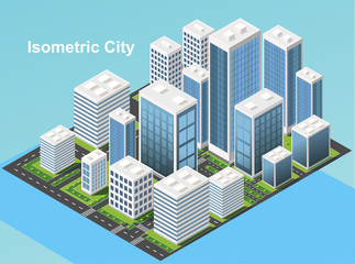 Obraz premium Isometric urban megalopolis top view of the city infrastructure town, street, houses, architecture 3d elements different buildings